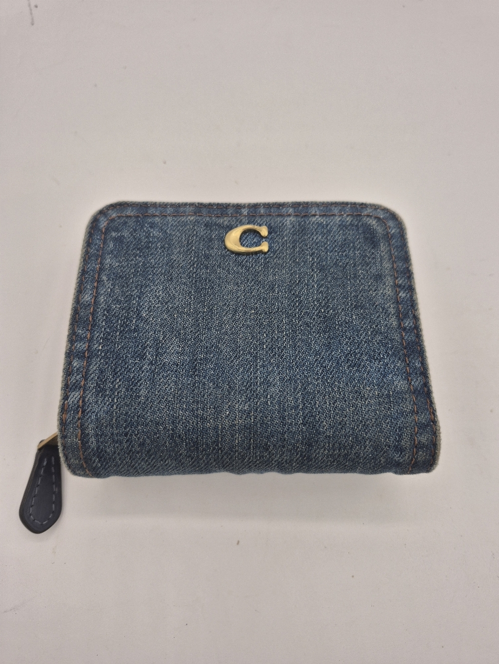Coach Blue Denim Zip Around Wallet with Gold 'C' Accent